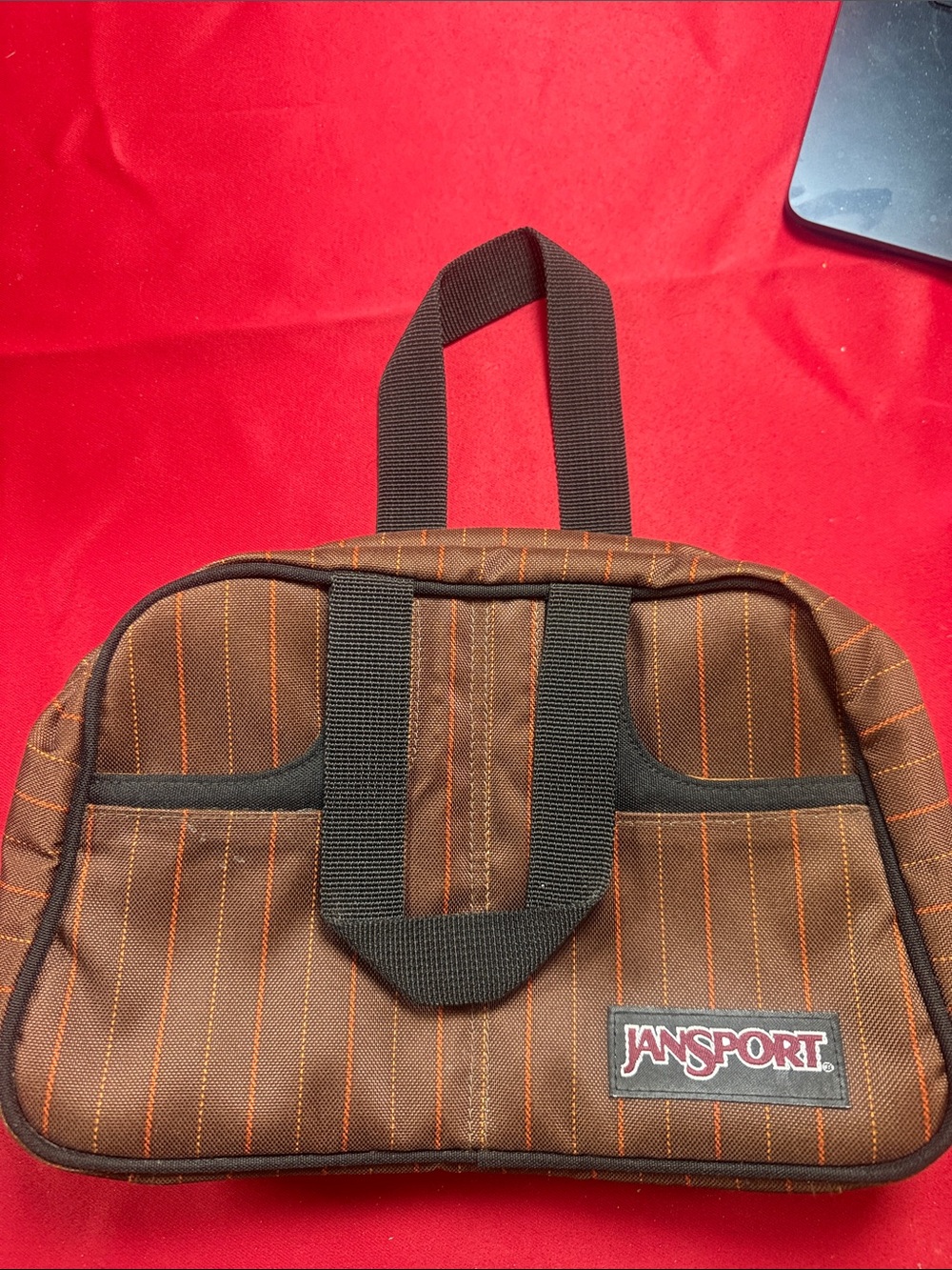 Jansport Brown Toiletry Bag with Orange Pinstripes